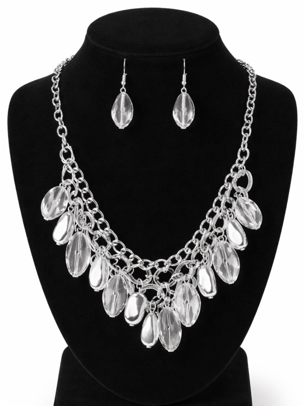 Silver Chain clear Bead Collar Necklace with Matching Earrings
